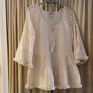 Cream Lace Eyelet Embroidered Tunic Resort Wear Top S Anthropologie